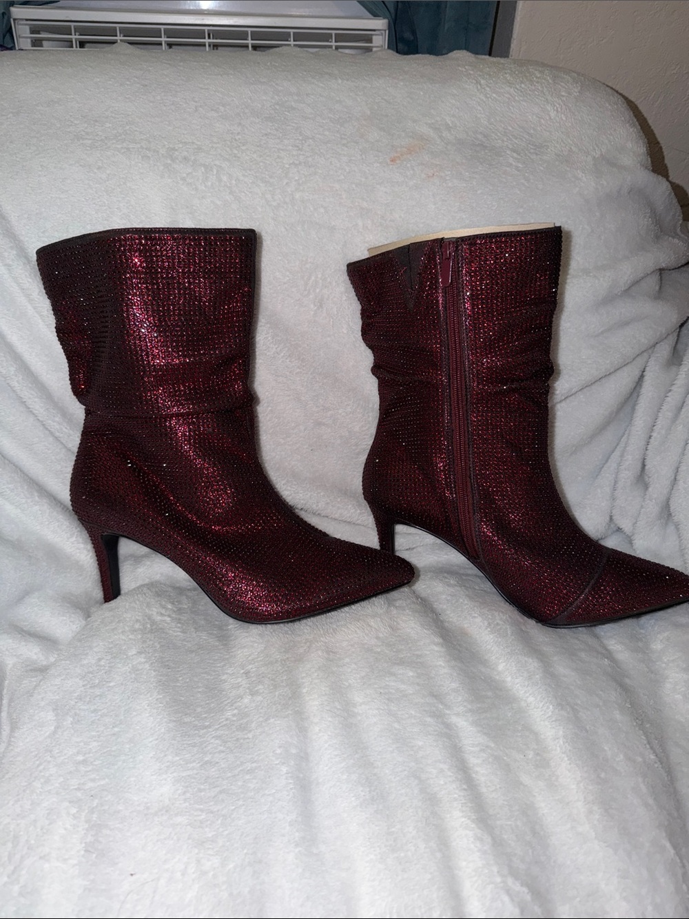 torrid Burgundy Sparkle Pointed-Toe Mid-Calf Heeled Boots